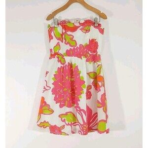 Lilly Pulitzer Vanessa Silk Cotton Strapless Dress Pink Green Floral 2 Preppy